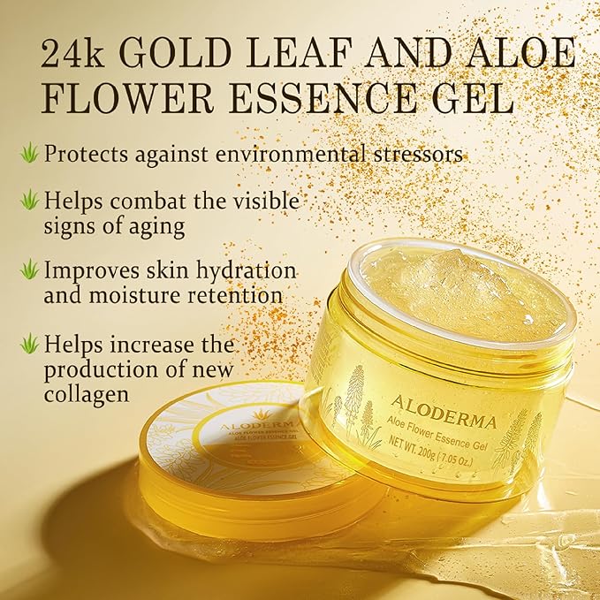 Aloderma Age-Defying Aloe Flower Essence Gel with 24K Gold Leaf, Made within 12 Hours of Harvest - Luxurious Aloe Gel with Allantoin & Hyaluronic Acid for a Shimmering, Youthful Complexion, 7oz 2-Pack