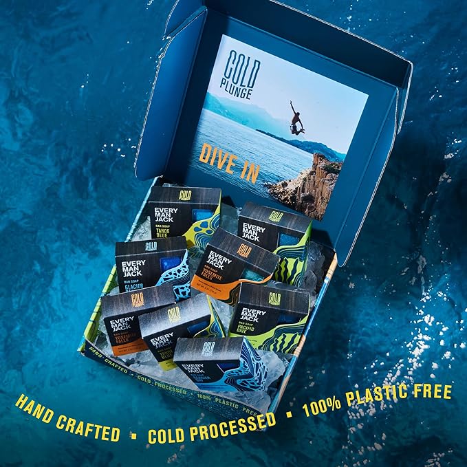 Every Man Jack Cold Plunge Mens Bar Soap Set - Deeply Cleans, Hydrates with Naturally Derived Ingredients - Iconic Cold Water Scents - Pacific Dive, Glacier Bay, Tahoe Blue, Yosemite Falls, 8 Bar Set