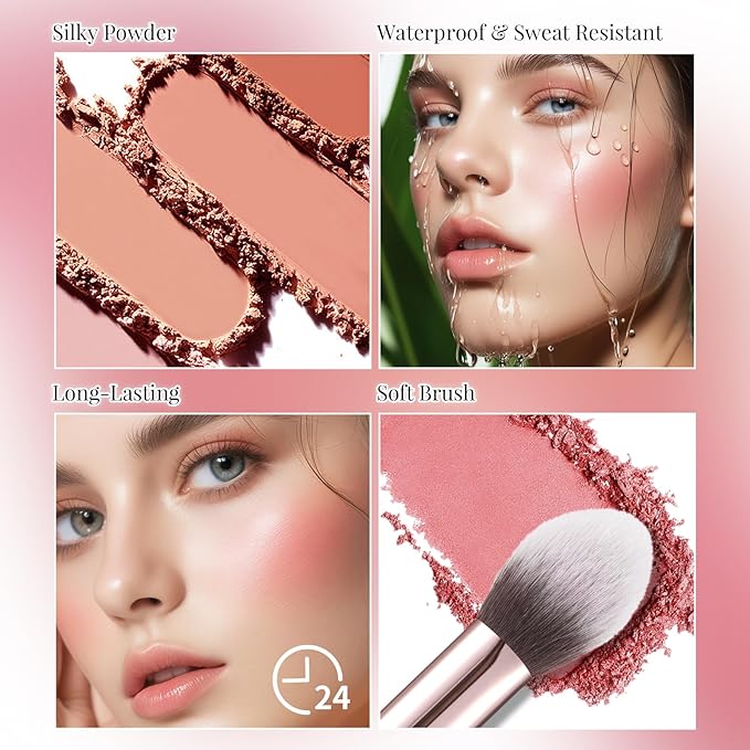 8 Colors Blush Palette, Smooth Blendable Powder Blush, Buildable Facial Cheek Blusher, Matte Blush Palette Makeup For Women, Waterproof Long-lasting Makeup Palette with Brush