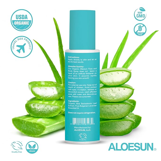 After Sun Face and Body Spray | Organic Aloe Vera Gel with Pure Lavender Essential Oil | Sunburn Relief Natural Aftersun Skin Moisturizer | Tanning Redness Treatment | Travel Size 3.4 Fl Oz