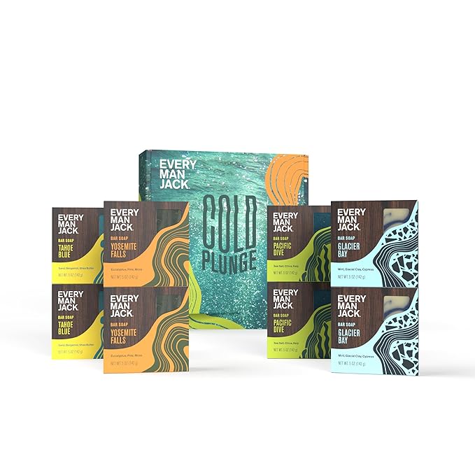 Every Man Jack Cold Plunge Mens Bar Soap Set - Deeply Cleans, Hydrates with Naturally Derived Ingredients - Iconic Cold Water Scents - Pacific Dive, Glacier Bay, Tahoe Blue, Yosemite Falls, 8 Bar Set