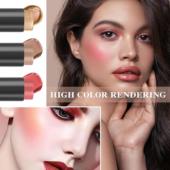 3P Cream Blush Stick with Brush,Waterproof Multi Cream Makeup Q345