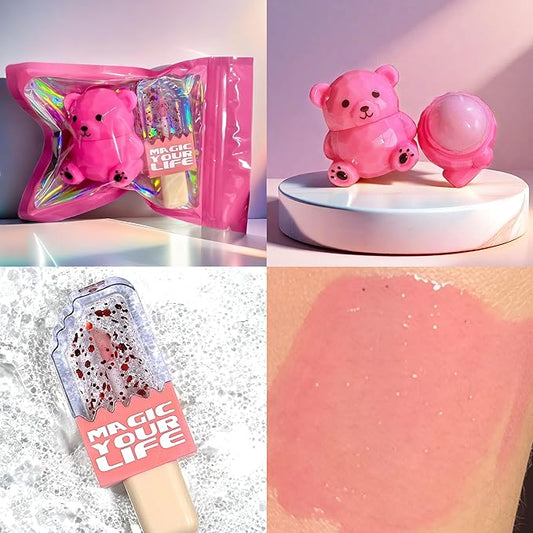 Bear Moisturizing Lip Balm & Lip Gloss Set - Oil Infused, Long-Lasting Lipstick & Gloss for Smooth Lips hydrating lip glow oil， Transparent Lip Oil Tinted, Reduce lip lines (Dark pink suit, 1)