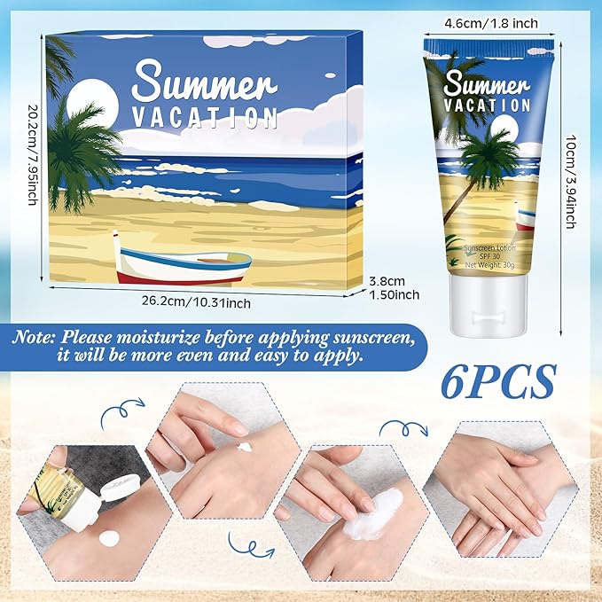 6 Pcs Halloween Gifts Travel Size Sunscreen Spf 30 Mini Sunscreen Lotion 1oz Travel Water Resistant Sunscreen Lotion for Halloween Party Favors(Summer Vacation)