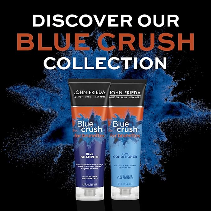 John Frieda Blue Crush Shampoo and Conditioner Set for Brunettes, Nourishes Color-Treated and Natural Hair, Blue Pigments for Vibrant, Cool-Toned Brunette Hair, 8.3 Oz, Pack of 2