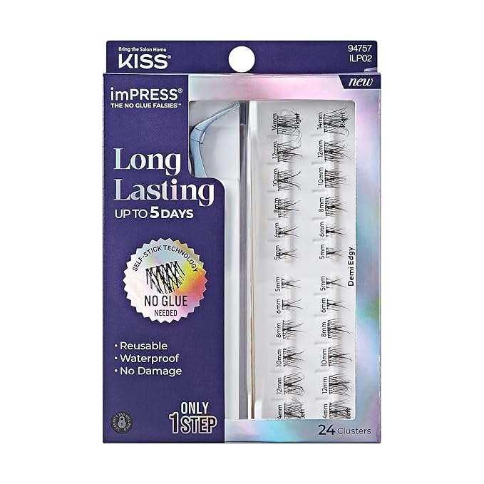 KISS imPRESS Falsies Long Lasting Self Adhesive Eyelashes, ‘Demi Edgy’, 5 Day Extended Wear, 24 Natural Volume Lash Clusters (5,6,8,10,12, & 14mm), Precision Non-Stick Applicator