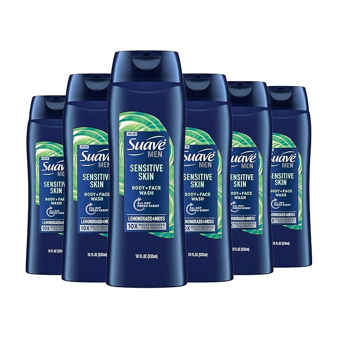 Suave Men Moisturizing Body & Face Wash for Sensitive Skin, Lemongrass scent, No Parabens, No Phtahaltes, 18 Oz Pack of 6