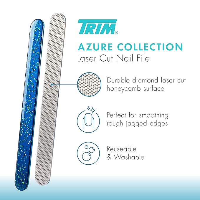 TRIM Azure Collection Bundle – for Removing Hair, Curling Lashes, Clipping & Filing Nails – Includes Slant Tip Tweezers, Eyelash Curler, Nail Clipper Set & Laser Cut Nail File – Blue Glitter Sparkle