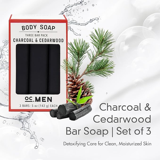 Olivia Care Activated Charcoal Cedarwood Bar Soap 3 Pack Set 100% Natural & Organic – For Face & Body - Deep Clean, Exfoliate, Moisturize & Hydrate - Amazing Masculine Fragrance - 3 X 5 OZ