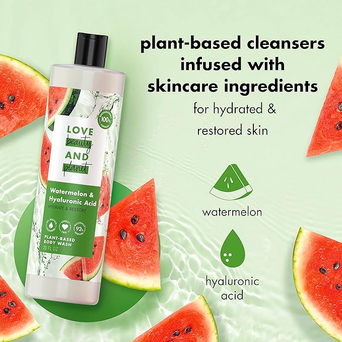 Love Beauty and Planet Plant-Based Body Wash Hydrate and Restore Skin Watermelon and Hyaluronic Acid Made with Plant-Based Cleansers and Skin Care Ingredients, 100% Biodegradable 20 fl oz