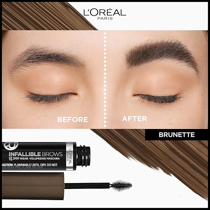 L'Oreal Paris Infallible Volumizing 24H Wear Brow Mascara, Long Lasting Eyebrow Makeup for 2X Fuller Eyebrows, 5.0 Brunette, 0.13 Fl Oz