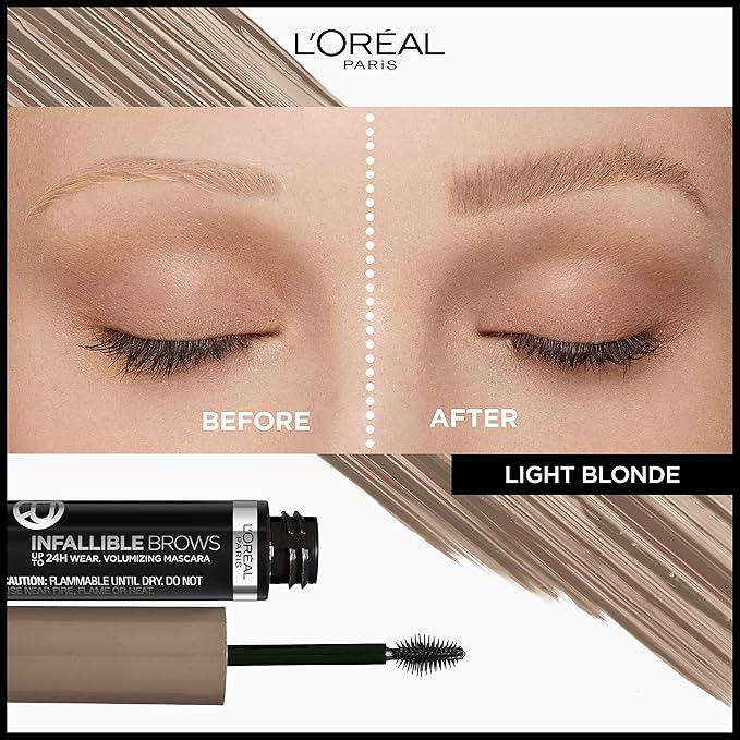 L'Oreal Paris Infallible Volumizing 24H Wear Brow Mascara, Long Lasting Eyebrow Makeup for 2X Fuller Eyebrows, 8.0 Light Blonde, 0.13 Fl Oz