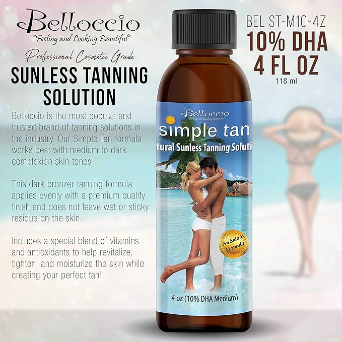Belloccio Simple Tan 4 Ounce Bottle of Professional Salon Sunless Tanning Solution with 10% DHA and Dark Bronzer Color Guide