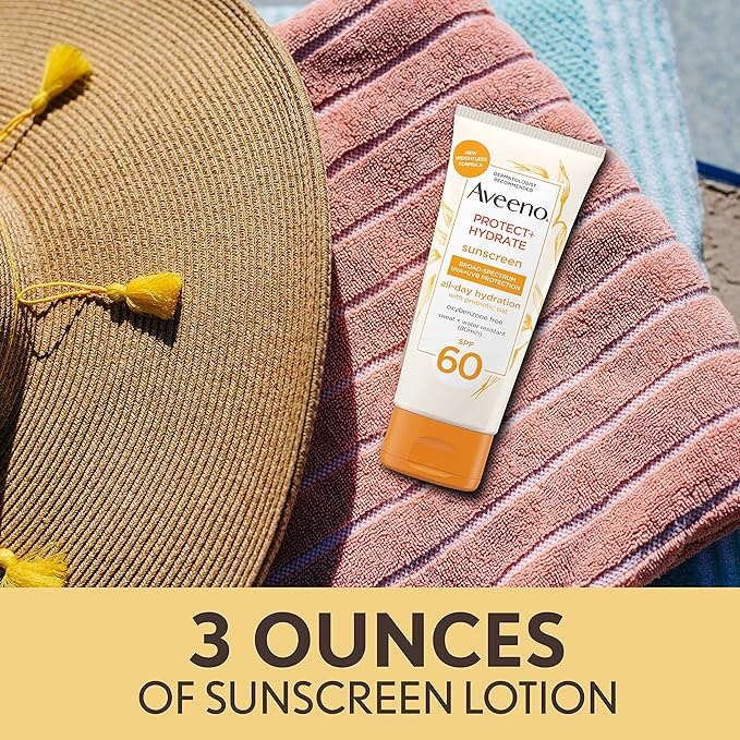 Aveeno Protect + Hydrate Moisturizing Body Sunscreen Lotion with Broad Spectrum SPF 60 & Prebiotic Oat, Weightless & Refreshing Feel, Paraben-Free, Oil-Free, Oxybenzone-Free, 3.0 fl. Oz